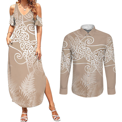 Aotearoa Maori Koru Curves Couples Matching Summer Maxi Dress and Long Sleeve Button Shirt Silver Ferns - Mocha