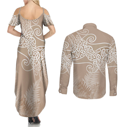 Aotearoa Maori Koru Curves Couples Matching Summer Maxi Dress and Long Sleeve Button Shirt Silver Ferns - Mocha
