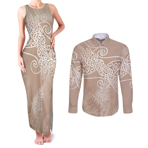 Aotearoa Maori Koru Curves Couples Matching Tank Maxi Dress and Long Sleeve Button Shirt Silver Ferns - Mocha