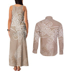 Aotearoa Maori Koru Curves Couples Matching Tank Maxi Dress and Long Sleeve Button Shirt Silver Ferns - Mocha