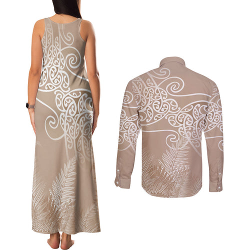 Aotearoa Maori Koru Curves Couples Matching Tank Maxi Dress and Long Sleeve Button Shirt Silver Ferns - Mocha