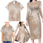 Aotearoa Maori Koru Curves Family Matching Long Sleeve Bodycon Dress and Hawaiian Shirt Silver Ferns - Mocha