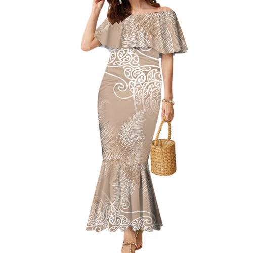 Aotearoa Maori Koru Curves Family Matching Mermaid Dress and Hawaiian Shirt Silver Ferns - Mocha