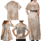 Aotearoa Maori Koru Curves Family Matching Off Shoulder Maxi Dress and Hawaiian Shirt Silver Ferns - Mocha