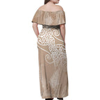 Aotearoa Maori Koru Curves Family Matching Off Shoulder Maxi Dress and Hawaiian Shirt Silver Ferns - Mocha