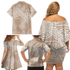 Aotearoa Maori Koru Curves Family Matching Off Shoulder Short Dress and Hawaiian Shirt Silver Ferns - Mocha