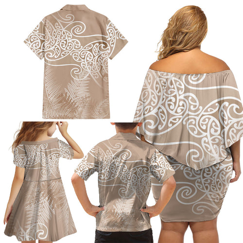 Aotearoa Maori Koru Curves Family Matching Off Shoulder Short Dress and Hawaiian Shirt Silver Ferns - Mocha