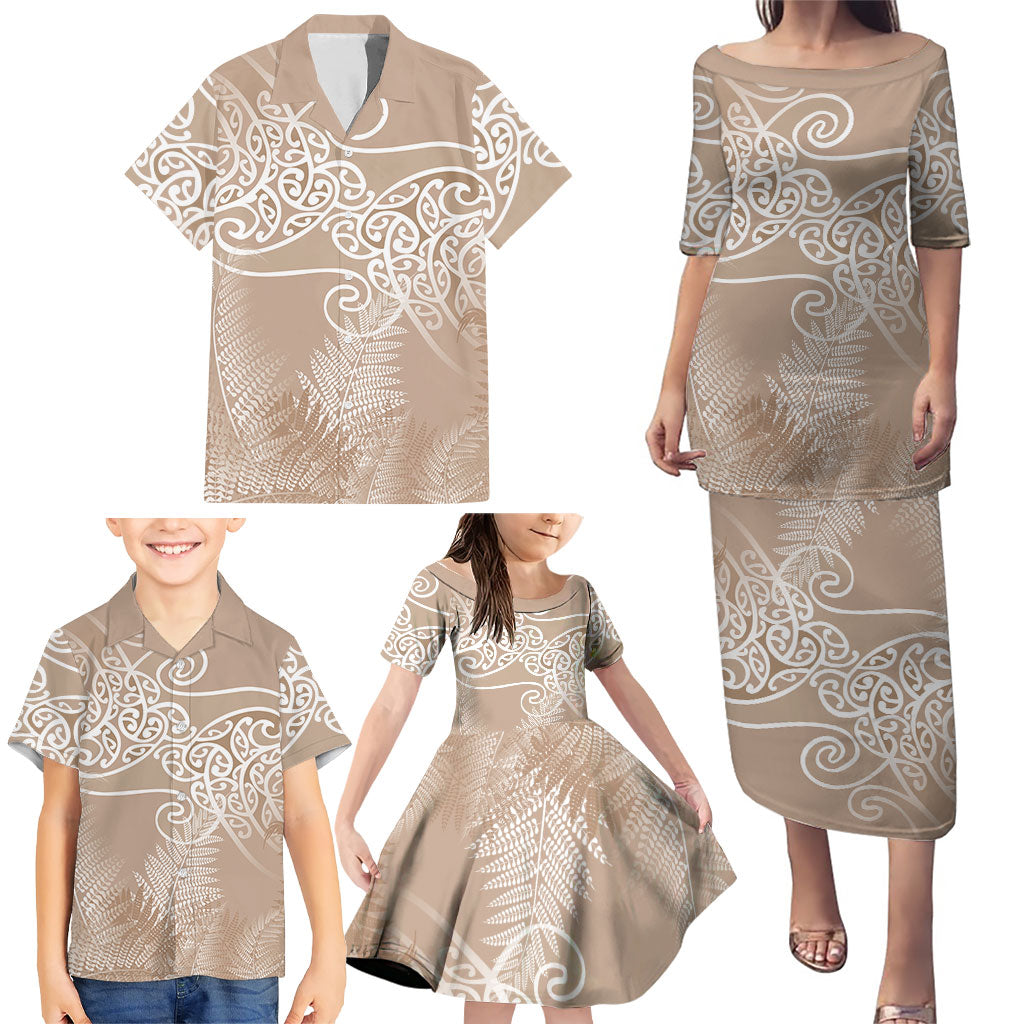 Aotearoa Maori Koru Curves Family Matching Puletasi and Hawaiian Shirt Silver Ferns - Mocha