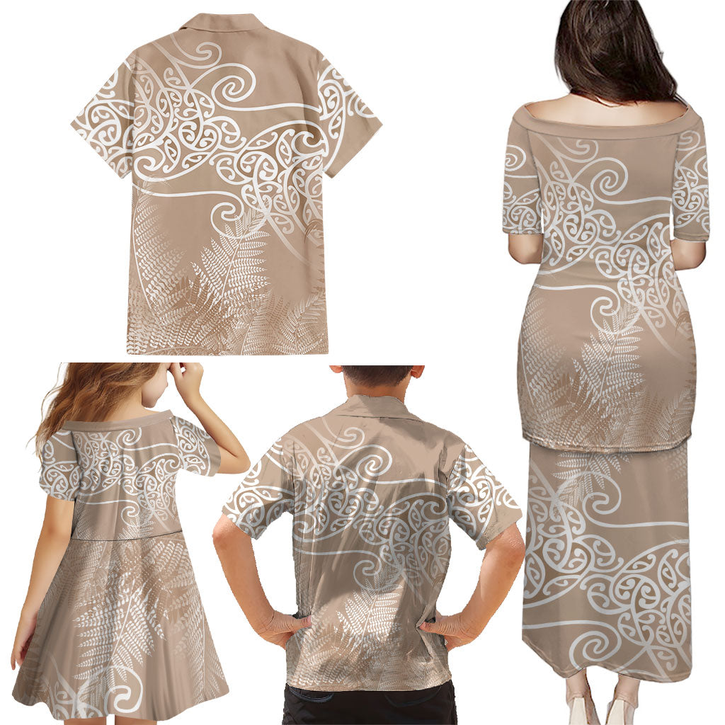 Aotearoa Maori Koru Curves Family Matching Puletasi and Hawaiian Shirt Silver Ferns - Mocha