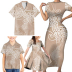 Aotearoa Maori Koru Curves Family Matching Short Sleeve Bodycon Dress and Hawaiian Shirt Silver Ferns - Mocha