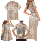 Aotearoa Maori Koru Curves Family Matching Short Sleeve Bodycon Dress and Hawaiian Shirt Silver Ferns - Mocha