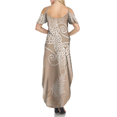 Aotearoa Maori Koru Curves Family Matching Summer Maxi Dress and Hawaiian Shirt Silver Ferns - Mocha