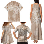 Aotearoa Maori Koru Curves Family Matching Tank Maxi Dress and Hawaiian Shirt Silver Ferns - Mocha
