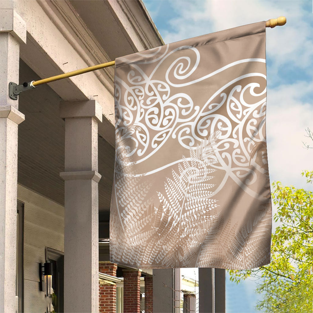 Aotearoa Maori Koru Curves Garden Flag Silver Ferns - Mocha