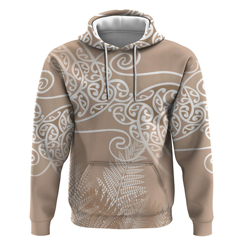 Aotearoa Maori Koru Curves Hoodie Silver Ferns - Mocha