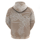 Aotearoa Maori Koru Curves Hoodie Silver Ferns - Mocha