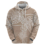 Aotearoa Maori Koru Curves Hoodie Silver Ferns - Mocha