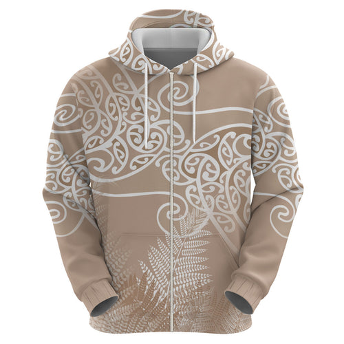 Aotearoa Maori Koru Curves Hoodie Silver Ferns - Mocha