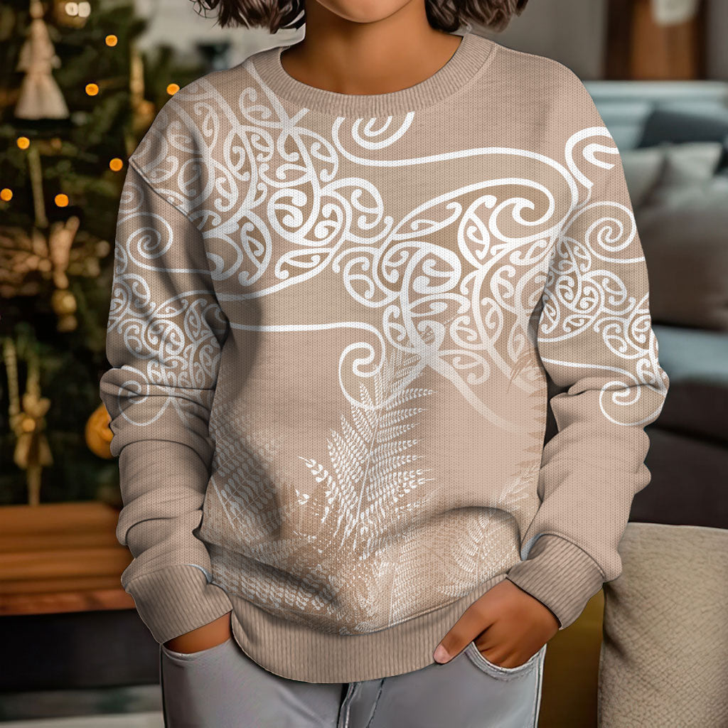 Aotearoa Maori Koru Curves Kid Ugly Christmas Sweater Silver Ferns - Mocha