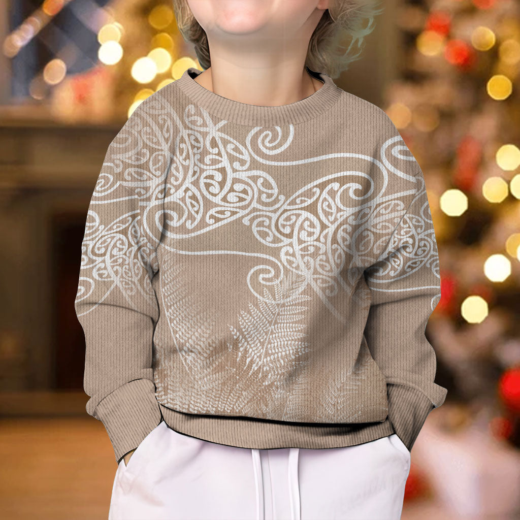 Aotearoa Maori Koru Curves Kid Ugly Christmas Sweater Silver Ferns - Mocha