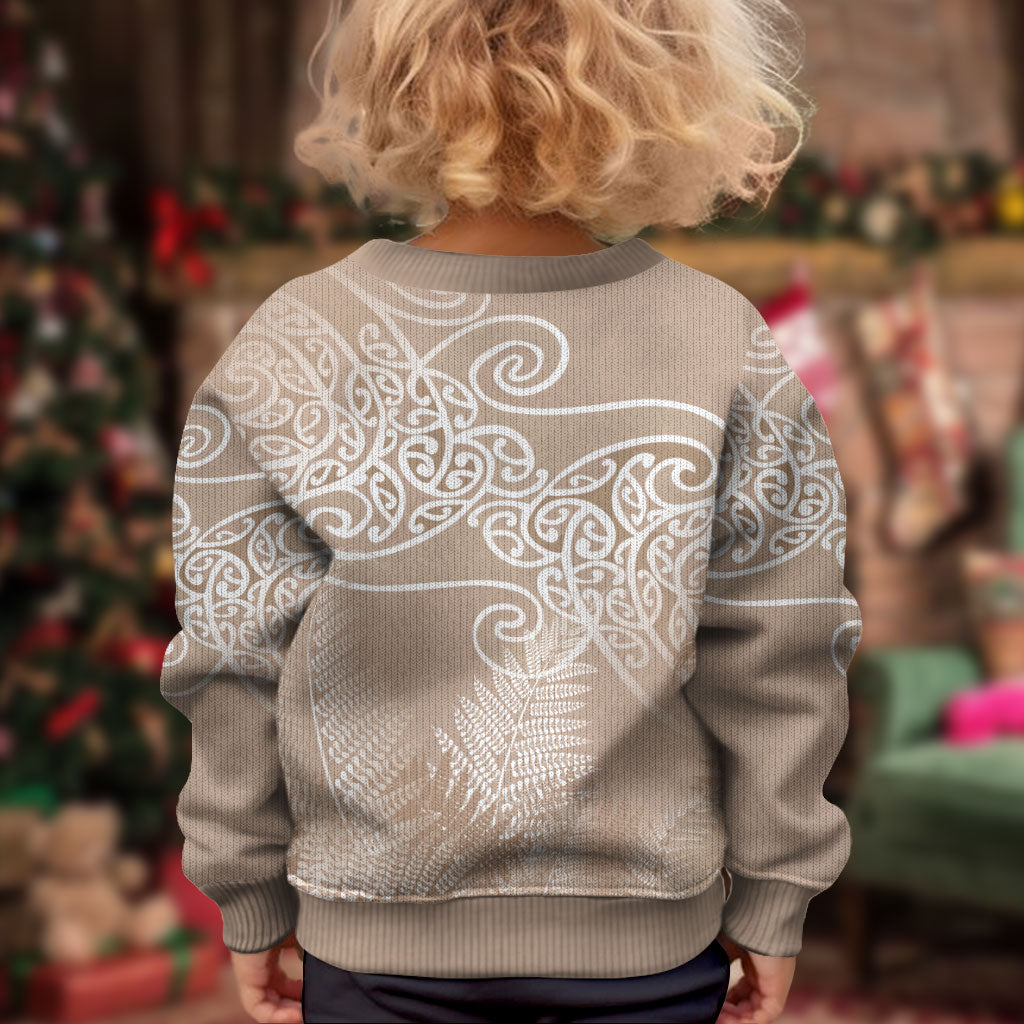 Aotearoa Maori Koru Curves Kid Ugly Christmas Sweater Silver Ferns - Mocha