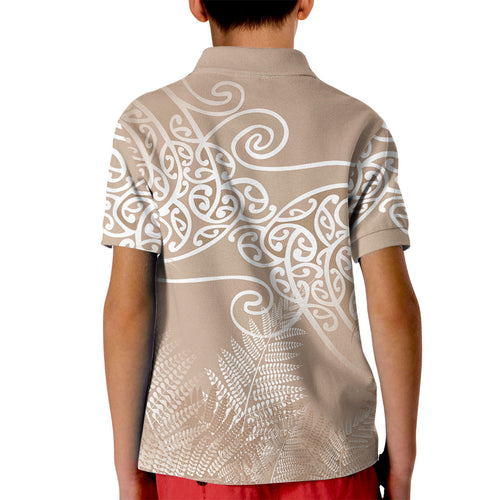 Aotearoa Maori Koru Curves Kid Polo Shirt Silver Ferns - Mocha