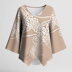 Aotearoa Maori Koru Curves Kimono Sleeve Blouse Silver Ferns - Mocha
