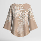 Aotearoa Maori Koru Curves Kimono Sleeve Blouse Silver Ferns - Mocha