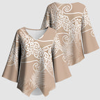 Aotearoa Maori Koru Curves Kimono Sleeve Blouse Silver Ferns - Mocha