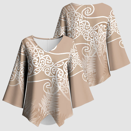 Aotearoa Maori Koru Curves Kimono Sleeve Blouse Silver Ferns - Mocha