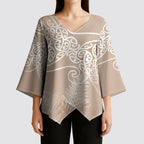 Aotearoa Maori Koru Curves Kimono Sleeve Blouse Silver Ferns - Mocha