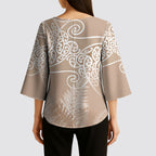 Aotearoa Maori Koru Curves Kimono Sleeve Blouse Silver Ferns - Mocha