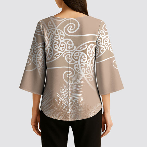 Aotearoa Maori Koru Curves Kimono Sleeve Blouse Silver Ferns - Mocha