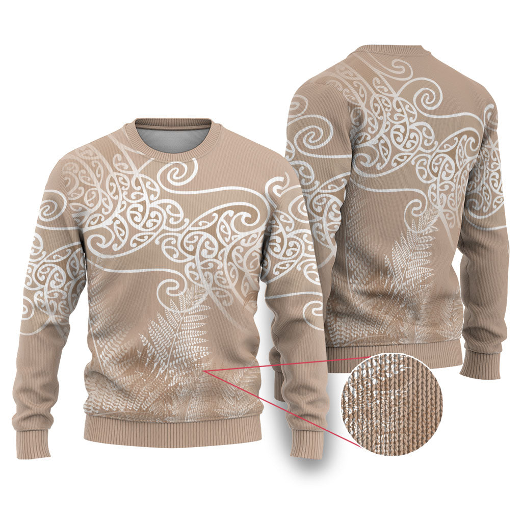 Aotearoa Maori Koru Curves Ugly Christmas Sweater Silver Ferns - Mocha