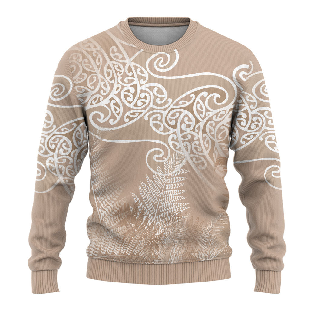 Aotearoa Maori Koru Curves Ugly Christmas Sweater Silver Ferns - Mocha