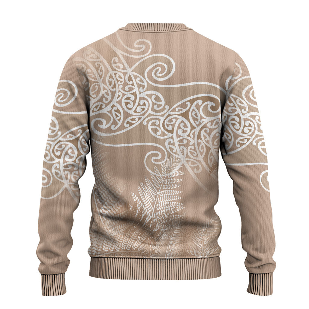 Aotearoa Maori Koru Curves Ugly Christmas Sweater Silver Ferns - Mocha