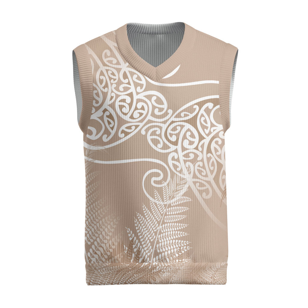 Aotearoa Maori Koru Curves Christmas Knitted V-Neck Vest Silver Ferns - Mocha