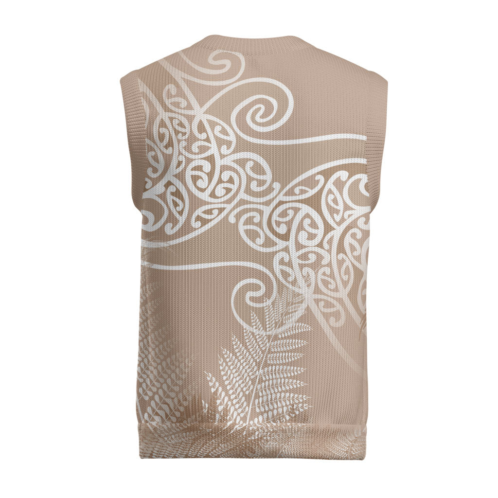 Aotearoa Maori Koru Curves Christmas Knitted V-Neck Vest Silver Ferns - Mocha