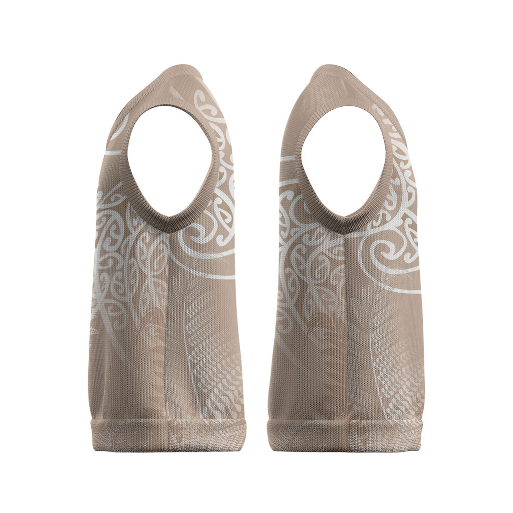 Aotearoa Maori Koru Curves Christmas Knitted V-Neck Vest Silver Ferns - Mocha