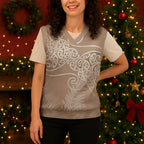 Aotearoa Maori Koru Curves Christmas Knitted V-Neck Vest Silver Ferns - Mocha