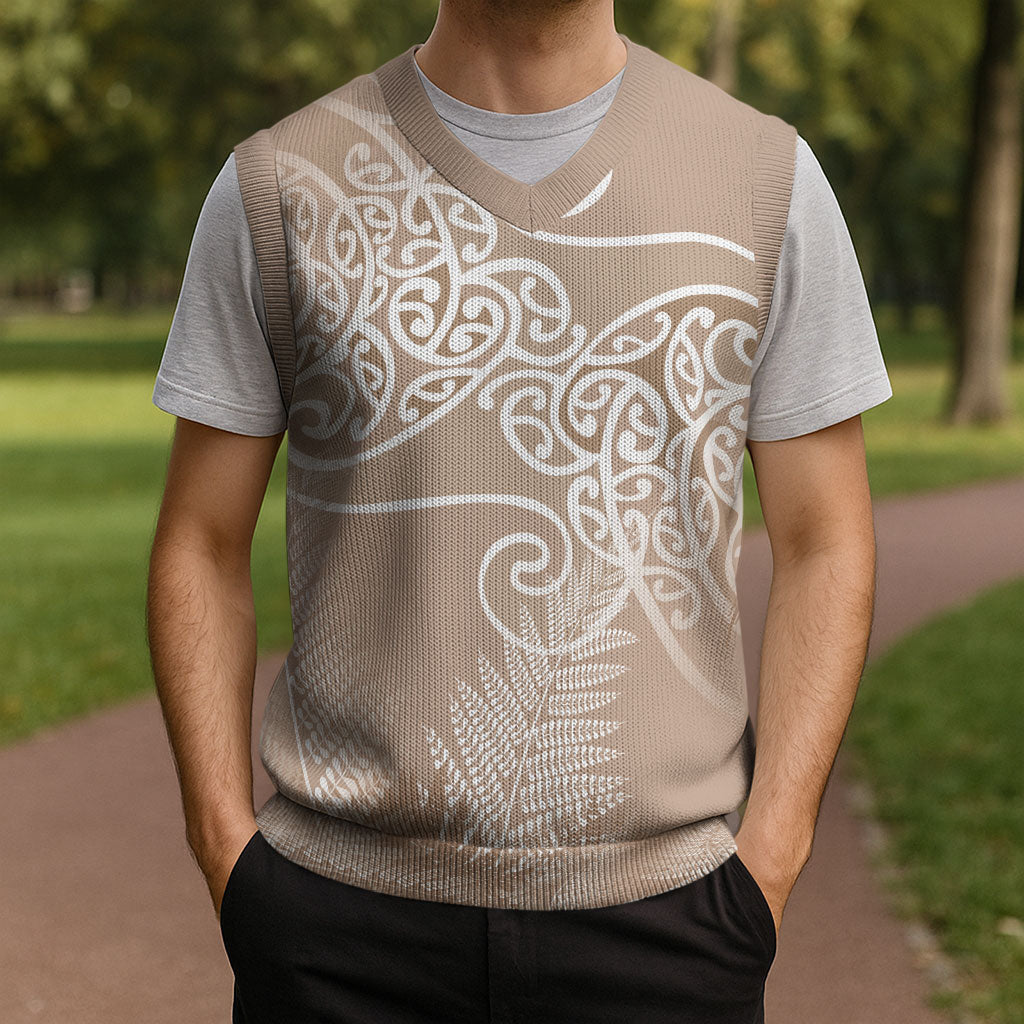 Aotearoa Maori Koru Curves Christmas Knitted V-Neck Vest Silver Ferns - Mocha