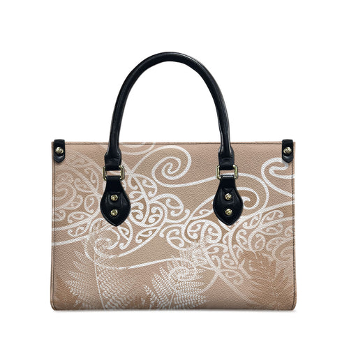 Aotearoa Maori Koru Curves Leather Bag Silver Ferns - Mocha