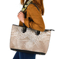 Aotearoa Maori Koru Curves Leather Tote Bag Silver Ferns - Mocha