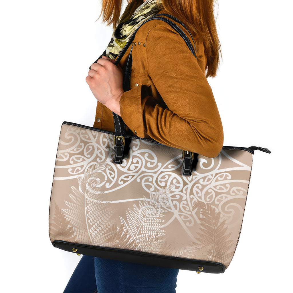 Aotearoa Maori Koru Curves Leather Tote Bag Silver Ferns - Mocha