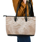 Aotearoa Maori Koru Curves Leather Tote Bag Silver Ferns - Mocha