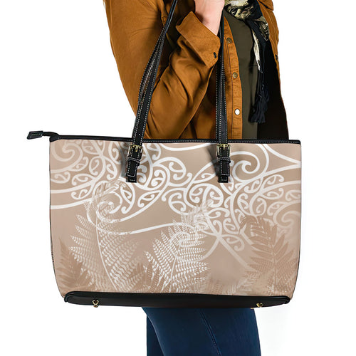 Aotearoa Maori Koru Curves Leather Tote Bag Silver Ferns - Mocha