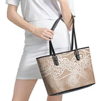 Aotearoa Maori Koru Curves Leather Tote Bag Silver Ferns - Mocha