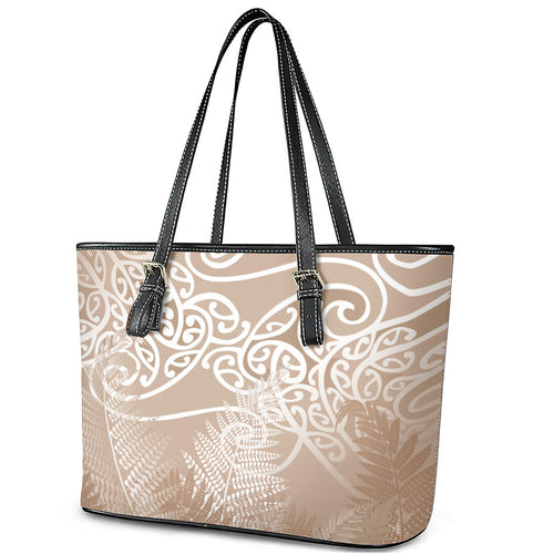 Aotearoa Maori Koru Curves Leather Tote Bag Silver Ferns - Mocha