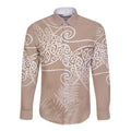 Aotearoa Maori Koru Curves Long Sleeve Button Shirt Silver Ferns - Mocha