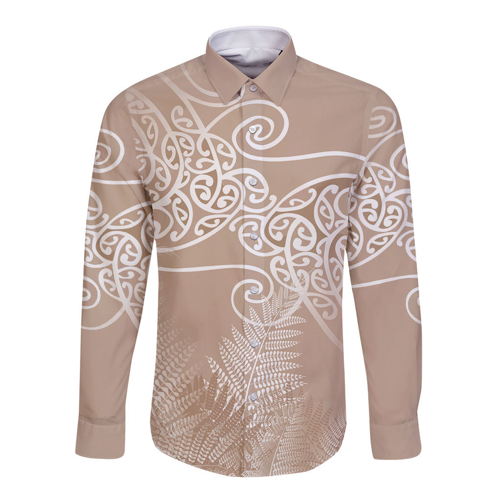 Aotearoa Maori Koru Curves Long Sleeve Button Shirt Silver Ferns - Mocha